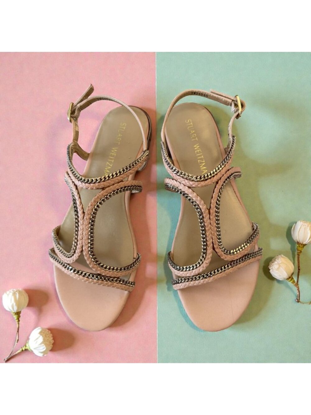 Stuart Weitzman Pink Chain-Trim Leather Sandals
